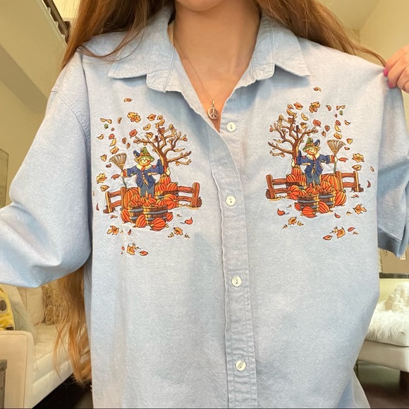 Vintage Autumn Leaves Scarecrow Embroidered Denim Button Down Size Medium - Picture 3 of 9